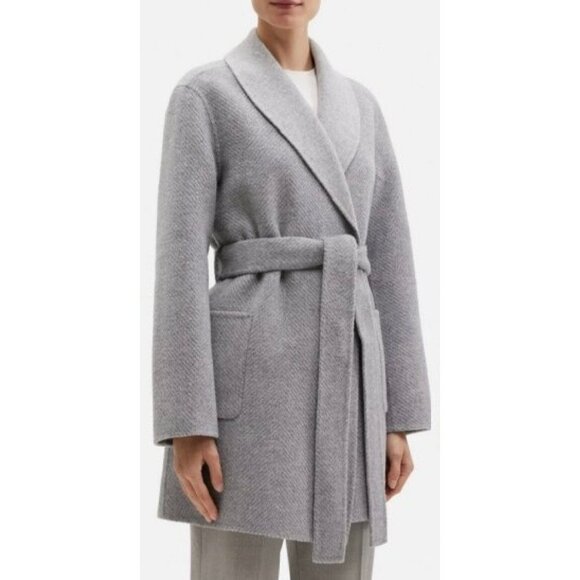 Theory Women’s Double Face Wool Shawl Wrap Coat Heather Grey L - Picture 7 of 8